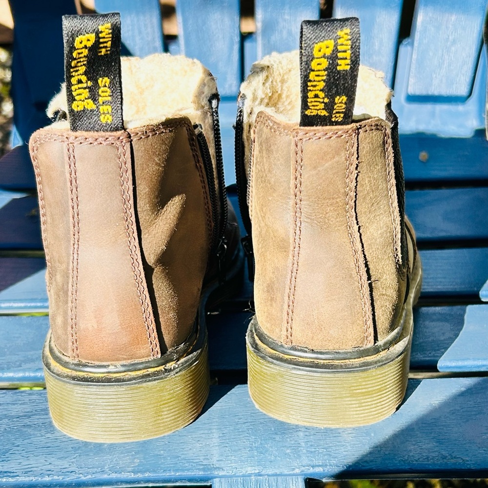 Dr. Martens Brown Kids Boots with Yellow Stitching